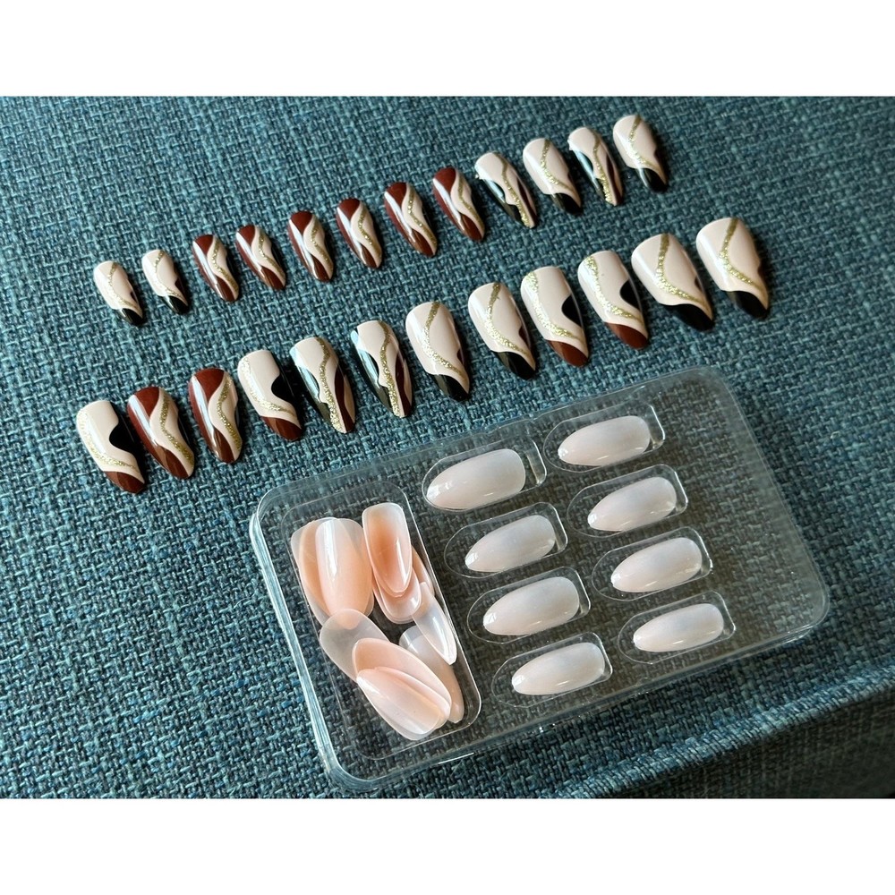 2 Sets Long Sheer Glossy Nude & Retro Brown Black Gold Glitter Wave Fake Nails